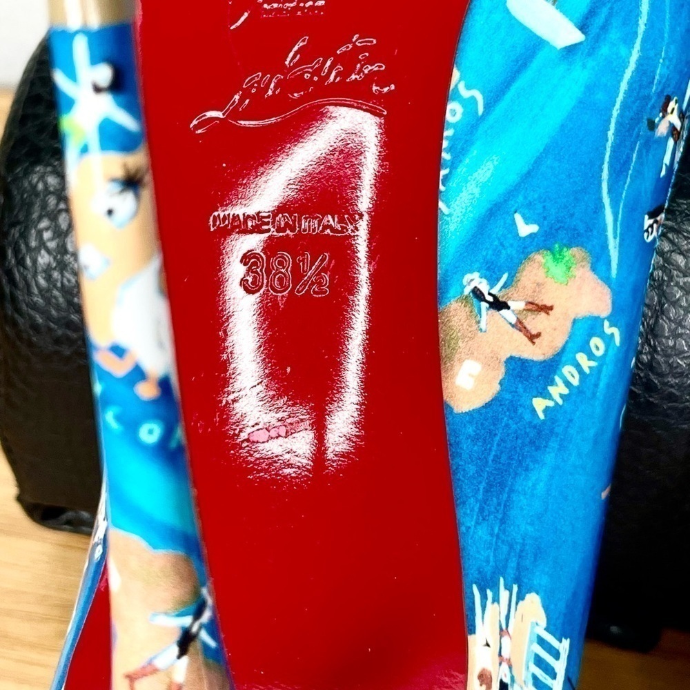 Christian Louboutin “Hot chick” swim pool, Blue Multi graphic. 100mm EU38.5 - Picture 13 of 13